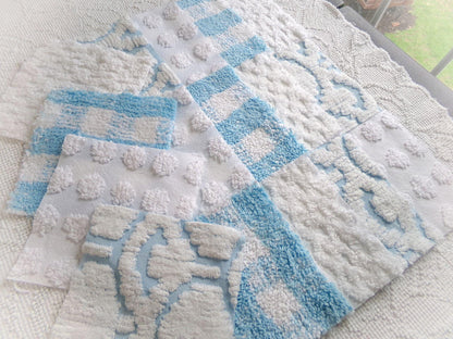 country gal chenille fabric squares, 16 vintage 6" quilt blocks in cool blue & white, for sewing, crafts, fiber arts