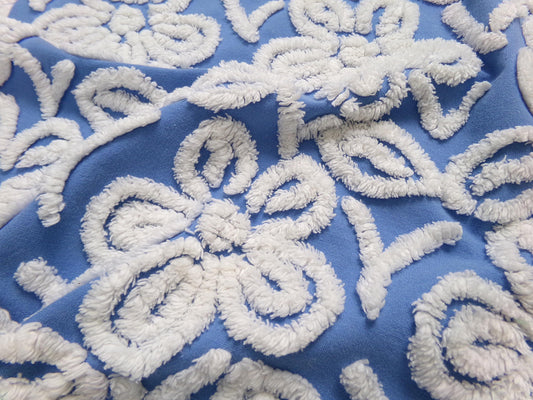 Daisy Dance Vintage Chenille Bedspread Fabric, Blue & White Floral Quilt Material 20" x 23" Piece