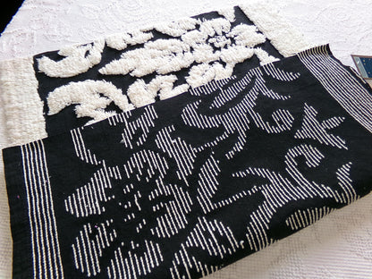 Gothic Black Cream Rose Vintage Chenille Fabric, 20" x 25" Inch Piece, Beautiful Material for Pillows