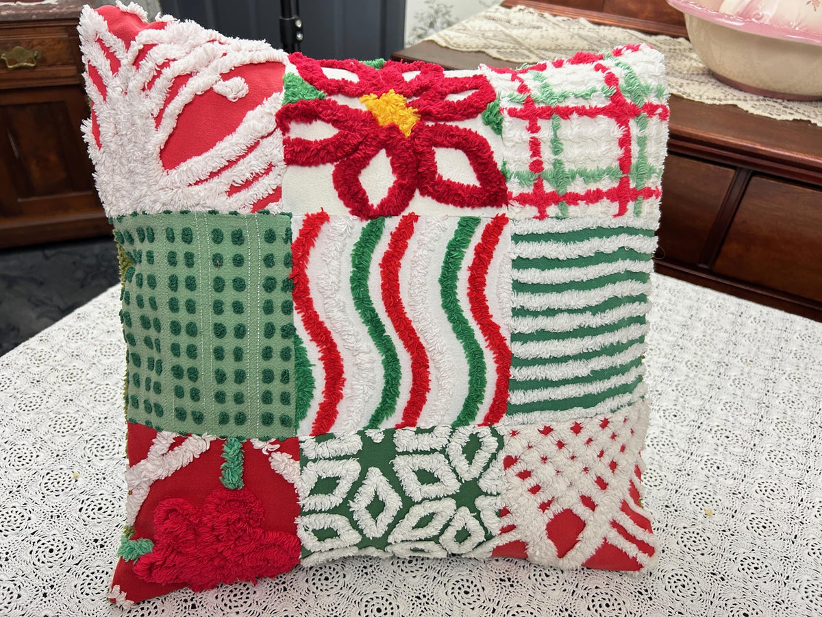 Vintage Christmas Chenille Pillow Cover, 16" Square Reversible Holiday Patchwork Design