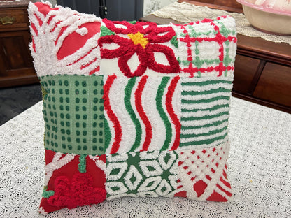 Vintage Christmas Chenille Pillow Cover, 16" Square Reversible Holiday Patchwork Design