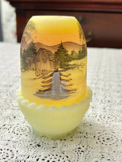 Vtg Fenton Fairy Lamp Satin Custard Glass Hand Painted Water Mill Gloria Finn