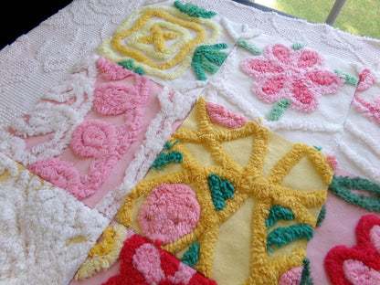 summer fresh vintage chenille fabric squares, set of 16 whimsy floral 6" quilt blocks for crafts, sewing, diy pillow covers