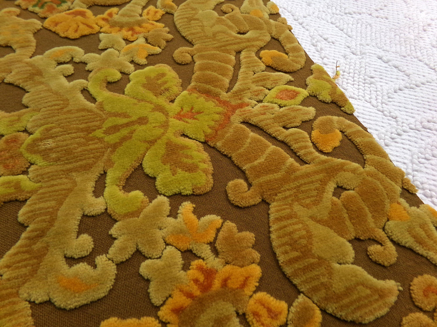 vintage cut velvet fabric, rusty coppertone boho tapestry style Bates design, 12" x 20" cut piece, for wallhanging, small bags