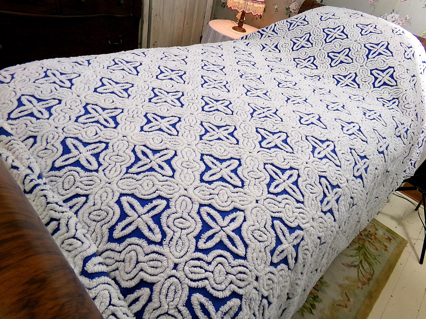 Mystic Gothic Cross Vintage Chenille Bedspread, Plush White Tufting on Cobalt Blue, 100% Cotton Luxury Full Size Bedding