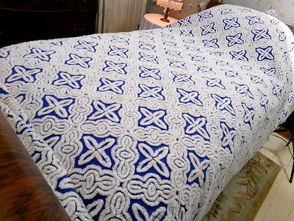 Mystic Gothic Cross Vintage Chenille Bedspread, Plush White Tufting on Cobalt Blue, 100% Cotton Luxury Full Size Bedding