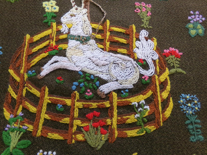 Unicorn in Captivity Vtg Crewel Embroidery, Finished Paragon 0846 Stitchery Medieval Old World Tapestry Style Adaptation