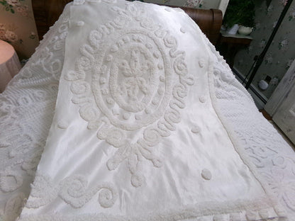 Romantic White Vintage Satin Chenille Bedspread Fabric, Shabby Large Medallion 38x20"