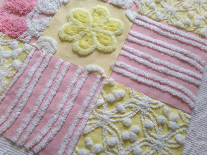 vintage chenille fabric squares, "sunshine smiles" set of 16 pink & yellow floral 6" quilt blocks for quilting, crafts, sewing