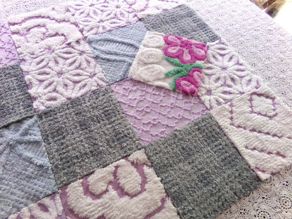 Sweet Dreams Vintage Chenille Fabric Squares, in Grey, Lilac, White & Blue, Set of 17 Blocks, 6" Each for Quilts, Crafts