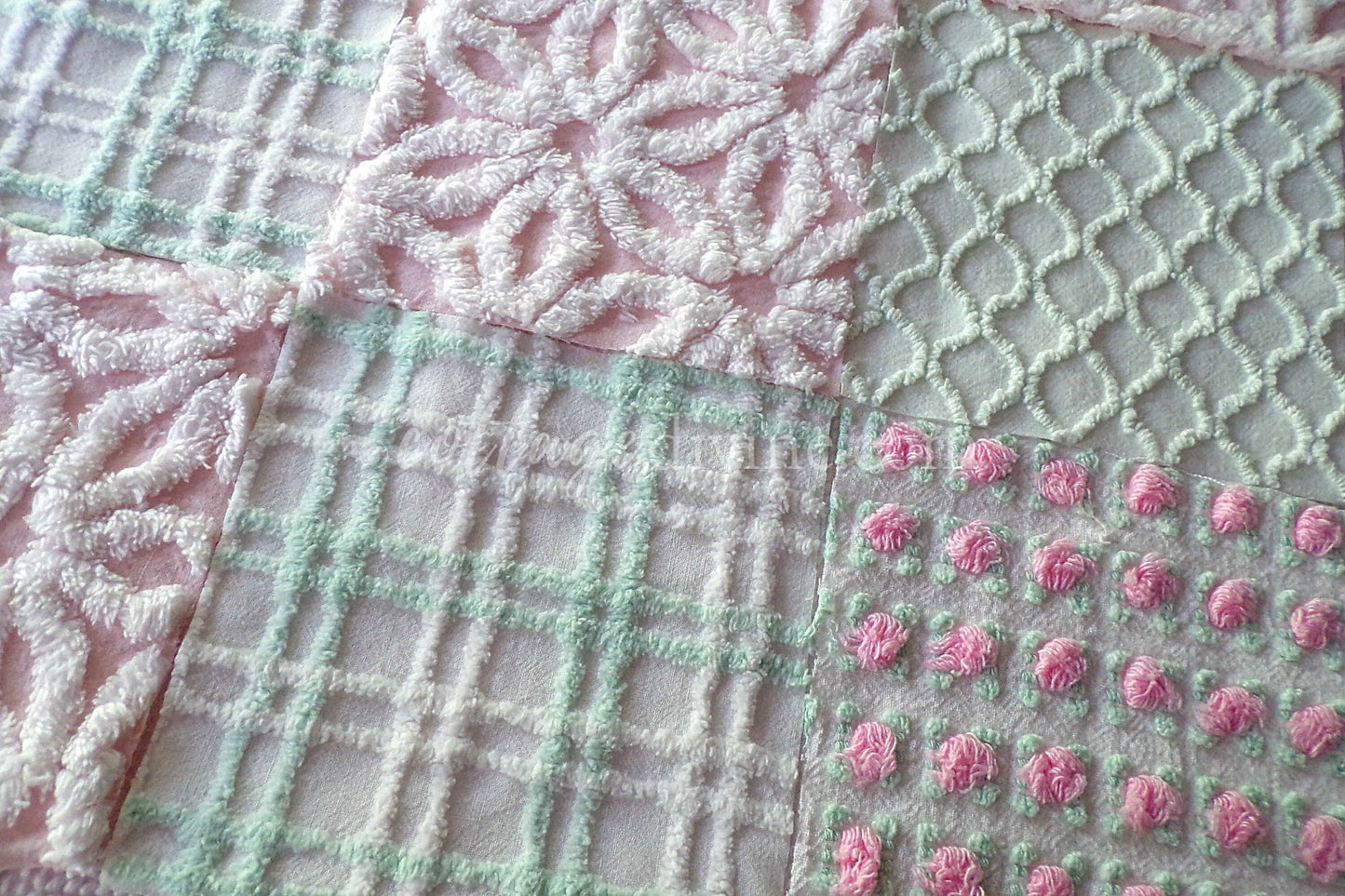 Picnic Pink & Green Chenille Fabric Squares Set of 16 Quilt Blocks, 6" x 6" inches each, Pretty Green, White, Pink Rosebud