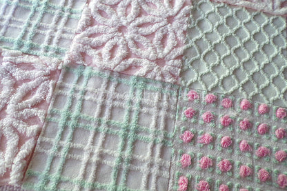 Picnic Pink & Green Chenille Fabric Squares Set of 16 Quilt Blocks, 6" x 6" inches each, Pretty Green, White, Pink Rosebud