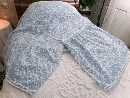 Blue & White Vintage Chenille Ruffled Bedspread, Geometric Coastal Twin Sz Bedding