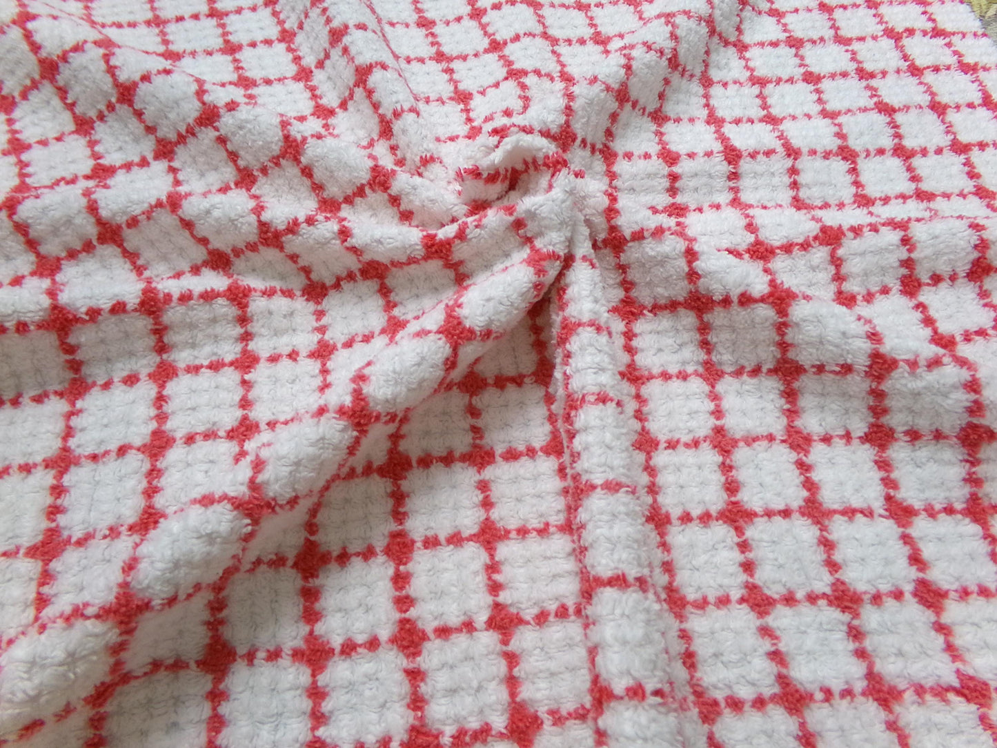 vintage chenille bedspread fabric, small red & white plaid pattern, 19" x 24" cut piece for xmas stockings, Christmas quilts