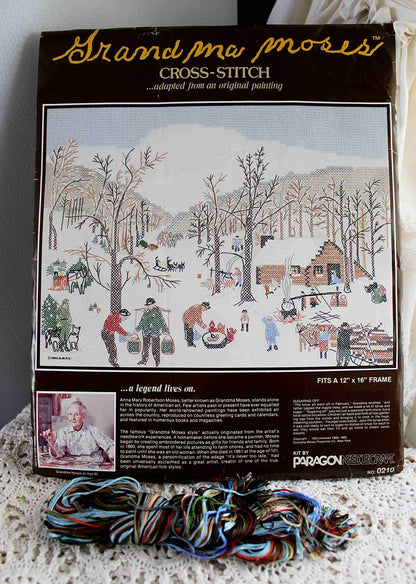 SUGARING OFF Cross Stitch Stitchery Kit, Vintage Grandma Moses Design, Paragon Needlecraft Embroidery 0210 from 1983