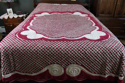 Plush Luxury Chenille Bedspread, Exceptional Vintage Bedding in Ice Grey, Berry Red & Dove Gray, Heavyweight FULL Size Bedding