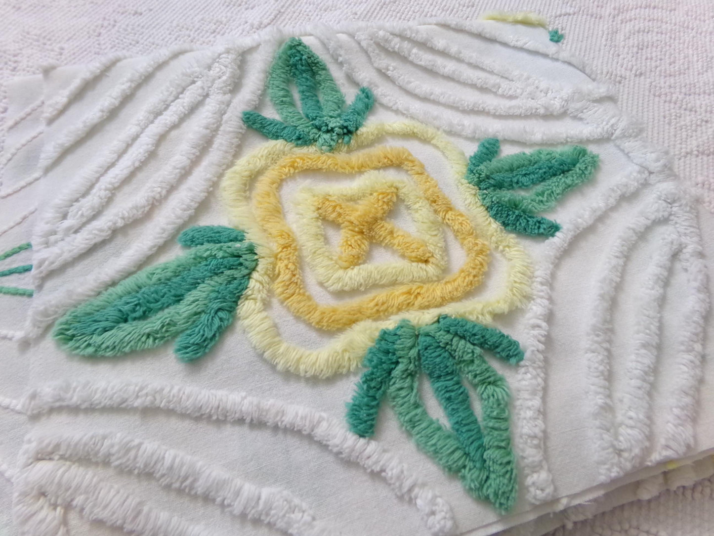 yellow cabbage rose vintage chenille bedspread fabric, cottage charm quilt material, 23" x 25" piece