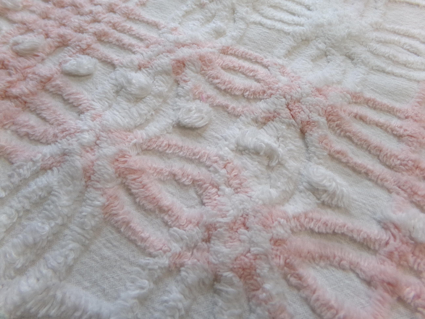 Pink & White Vintage Chenille Fabric, geometric craft quilt material, 27" x 19"