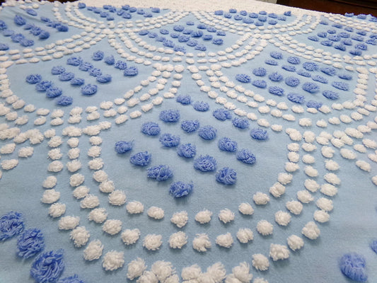 Mermaid Tails Vintage Chenille Bedspread Fabric Blue & White Piece 19x27"