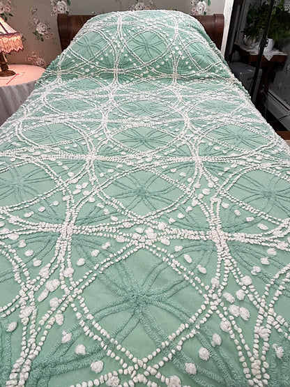 Vintage Chenille Bedspread Shabby Twin Jade Green White Spiderweb Starburst