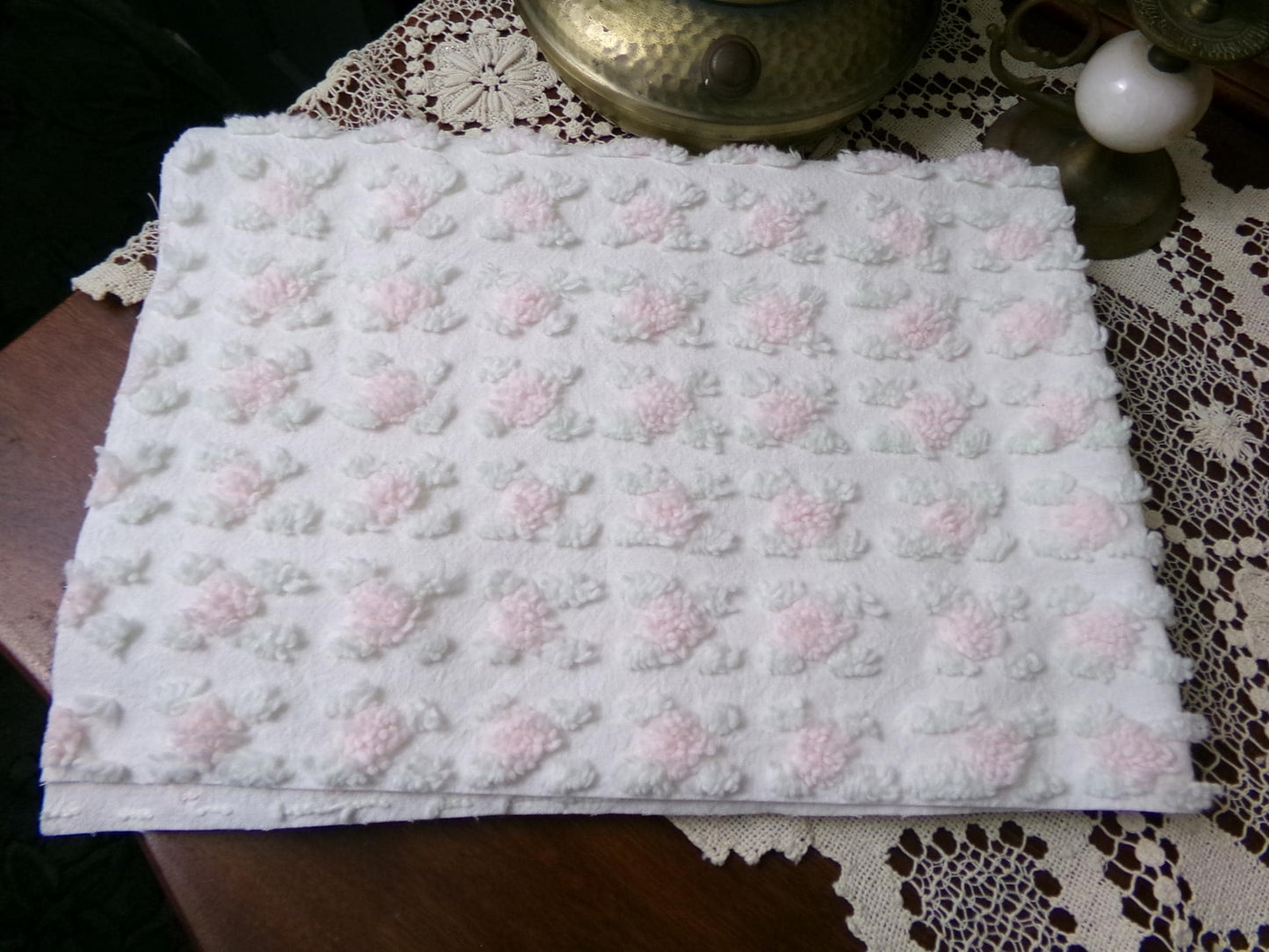 Shabby Pink Rosebud Vintage Chenille Bedspread Fabric Piece, Cottage Style Quilt Material 18" x 24"