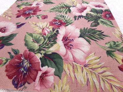 Vintage Barkcloth Fabric Mauve Tropical Hibiscus Floral Island Cottage Shabby 17x36"