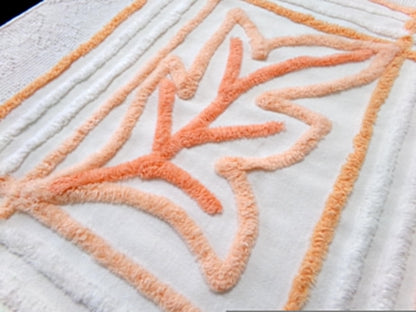Peach White Vintage Chenille Bedspread Fabric Botanical Leaves Design 21x24"