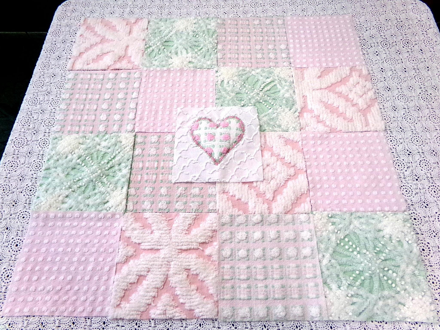 Vintage Chenille Quilt Squares, Pink Green, White 6" Fabric Blocks, Set of 17 for Quilting & Crafts