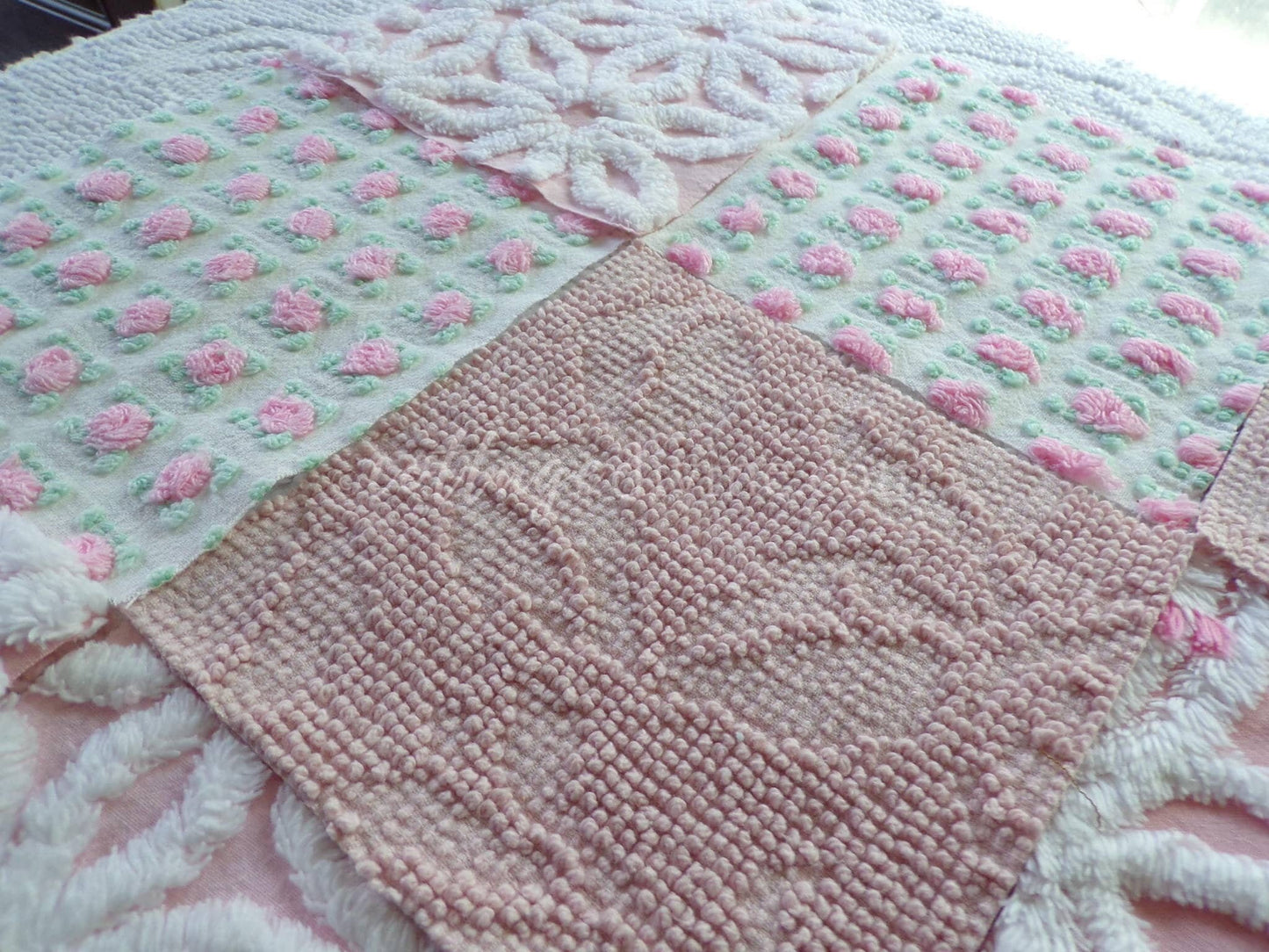 angel pink vintage chenille fabric squares, rosebuds, daisy patterns, set of 16 quilt blocks, 6" x 6" each, pretty in patchwork pillows