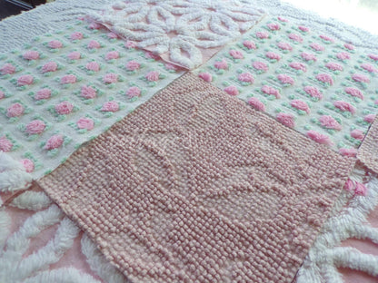 angel pink vintage chenille fabric squares, rosebuds, daisy patterns, set of 16 quilt blocks, 6" x 6" each, pretty in patchwork pillows