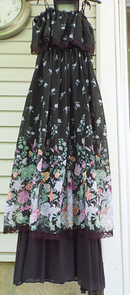 Vintage Boho Prairie Dress Black Floral 70s Maxi Sundress Jr Sz 13