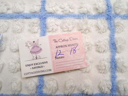 coastal blue & white vintage chenille fabric, puffy textured pops, 12" x 18" cut piece