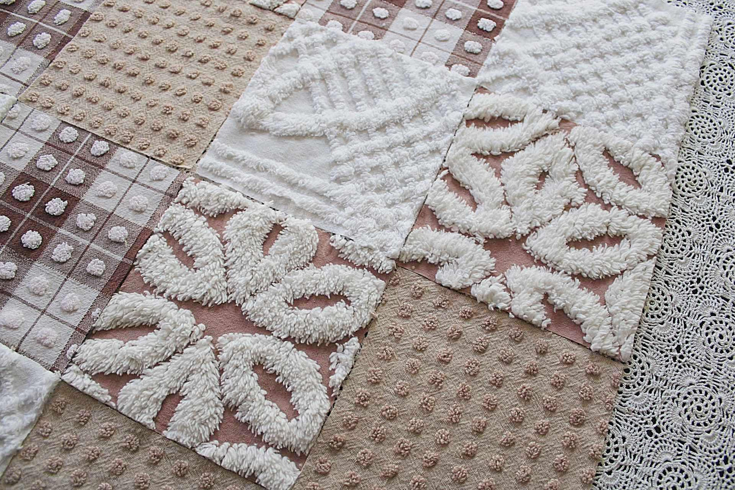 Bear Hugs Chenille Quilt Squares Set, from Vintage Bedspread Fabric, 16 Blocks, 6" x 6" inches each, Chocolate, Mocha & White