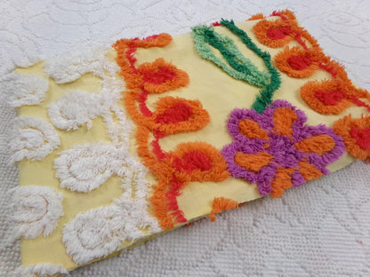 Sunny Side Up Yellow Vintage Chenille Fabric, tufted floral curlicue dots, piece sewing craft quilt material, 16" x 27"