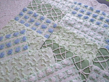 coastal wanderings vintage chenille fabric squares, 16 vintage 6" quilt blocks in natural green & white for sewing, crafts, fiber arts