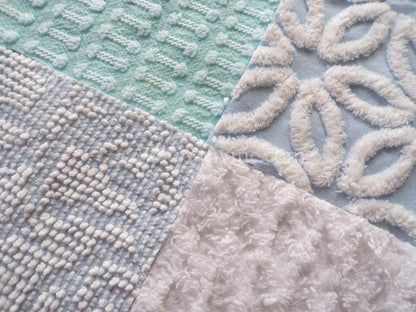 Barefoot on the Beach Chenille Quilt Squares Set from Vintage Bedspread Fabric, 16 Blocks, 6" x 6" inch, Coastal Blues & White