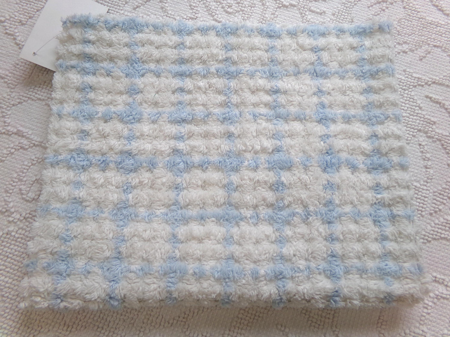 blue & white check vintage chenille fabric, cottage plaid 17x30" pc