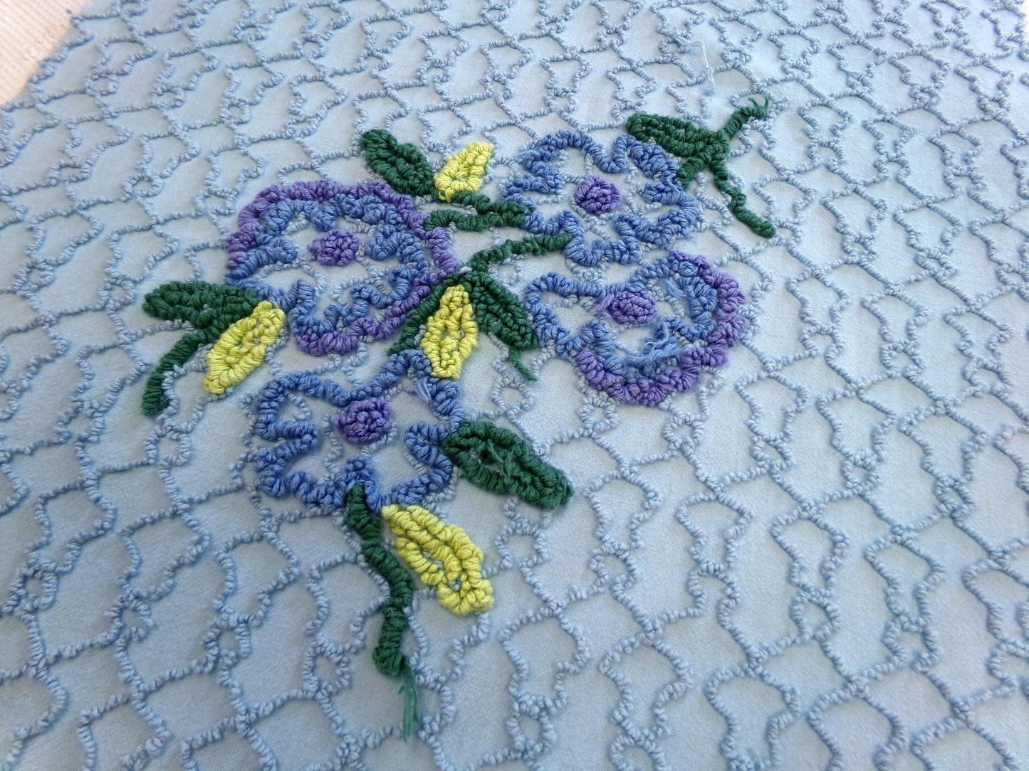 Quiet Midnight Blue Vintage Chenille Fabric, Floral 16" x 24" Piece w/ unique chain link design