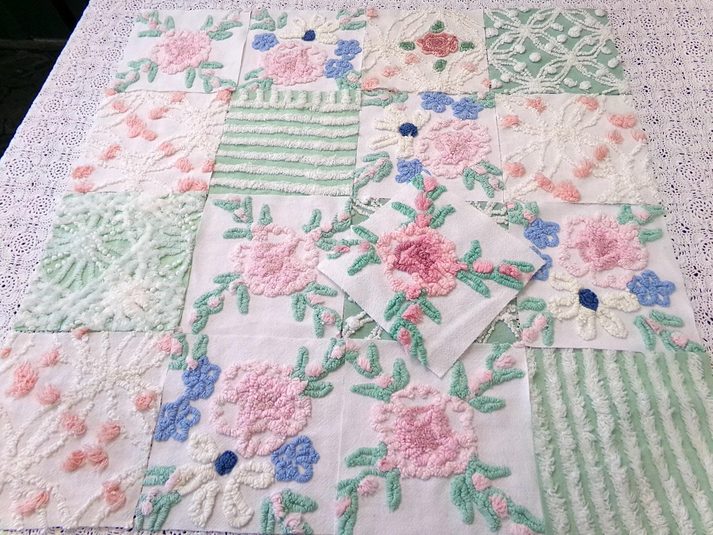 Floral Vintage Chenille Quilt Squares, Flower Medley 6" Fabric Blocks, Set of 17 for Quilting & Crafts