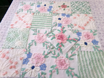 Floral Vintage Chenille Quilt Squares, Flower Medley 6" Fabric Blocks, Set of 17 for Quilting & Crafts