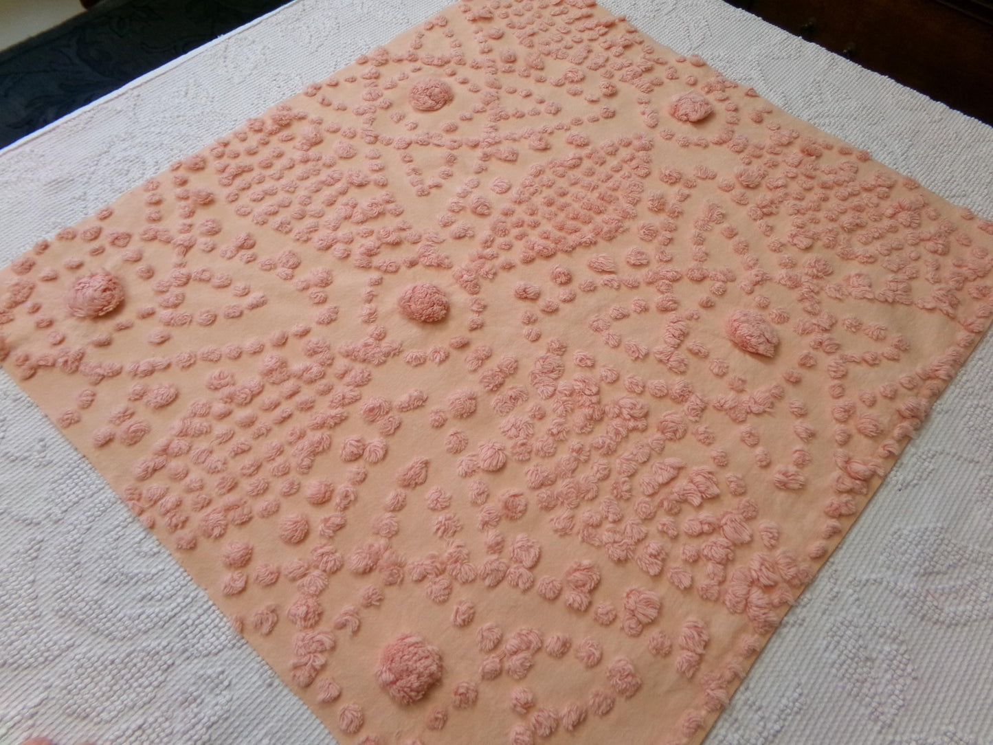 cosmic sunrise vintage chenille fabric, handtufted sun pops, 20" x 23" piece of peach antique sewing & quilt material