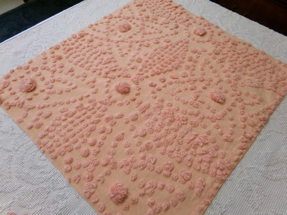 cosmic sunrise vintage chenille fabric, handtufted sun pops, 20" x 23" piece of peach antique sewing & quilt material
