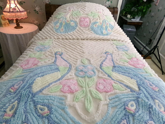 Pastel Peacock Vintage Chenille Bedspread, Boho Creamy Cotton Full Size