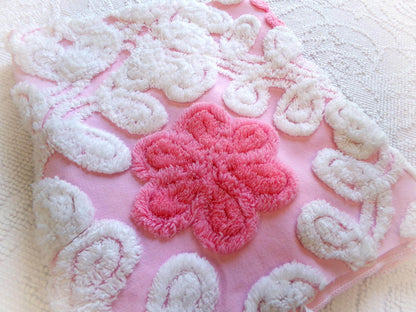 Strawberry Pink Vintage Chenille Fabric Whimsical Floral Sewing Material 21" x 21"