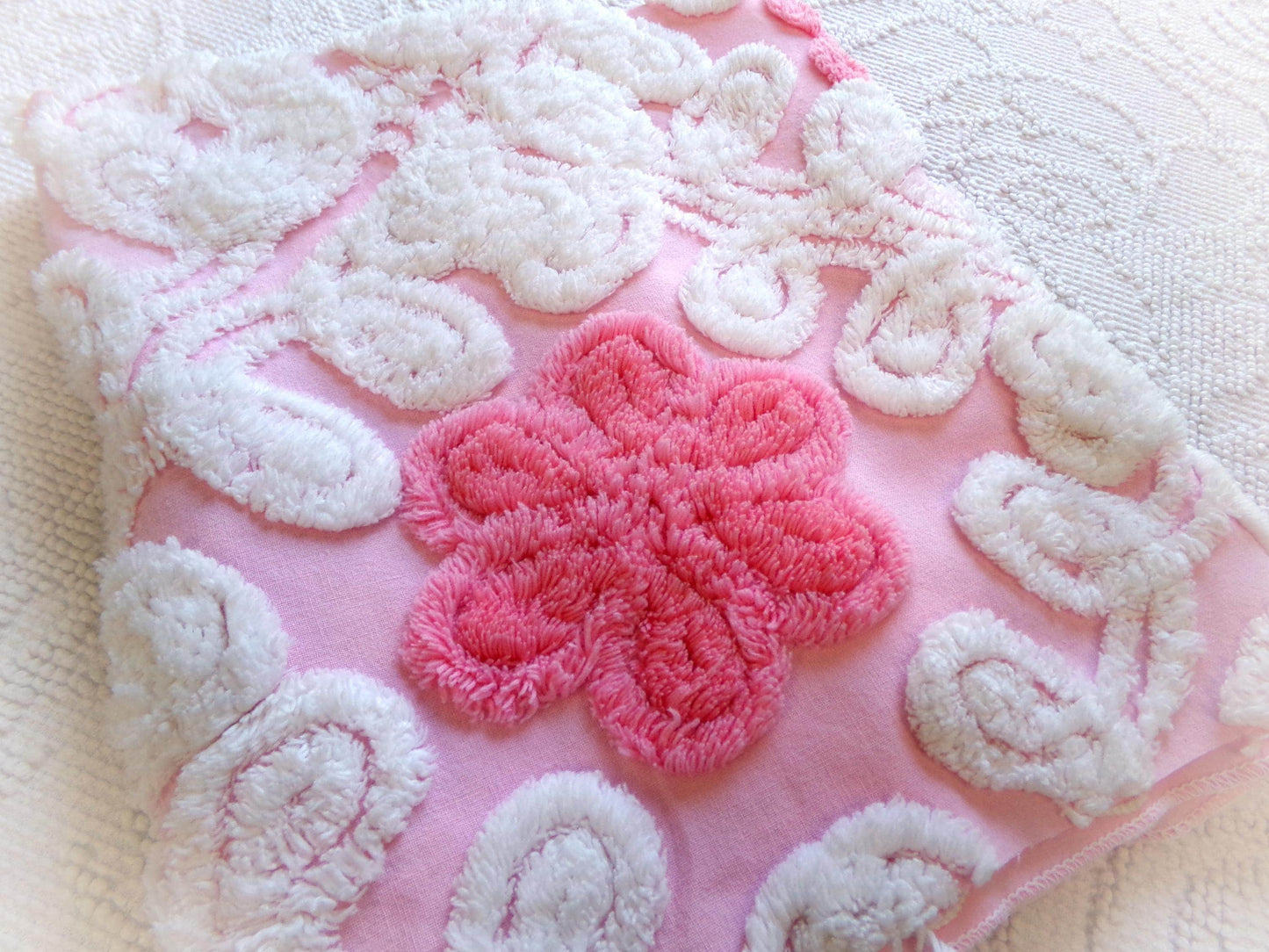 Strawberry Pink Vintage Chenille Fabric Whimsical Floral Quilt Material 21x21"