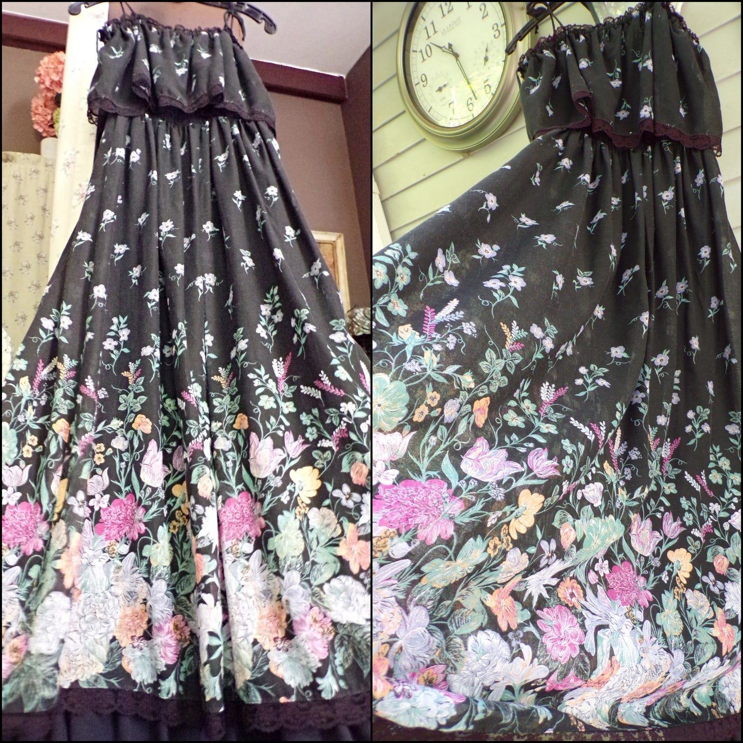 Vintage Boho Prairie Dress Black Floral 70s Maxi Sundress Jr Sz 13