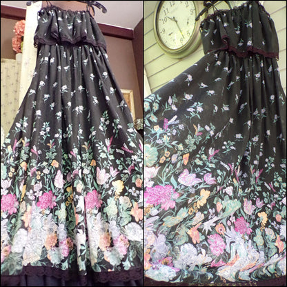 Vintage Boho Prairie Dress Black Floral 70s Maxi Sundress Jr Sz 13