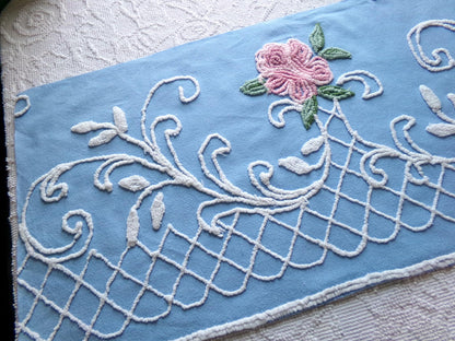 shabby cottage rose vintage chenille fabric, blue white floral sewing material, 15" x 30" piece