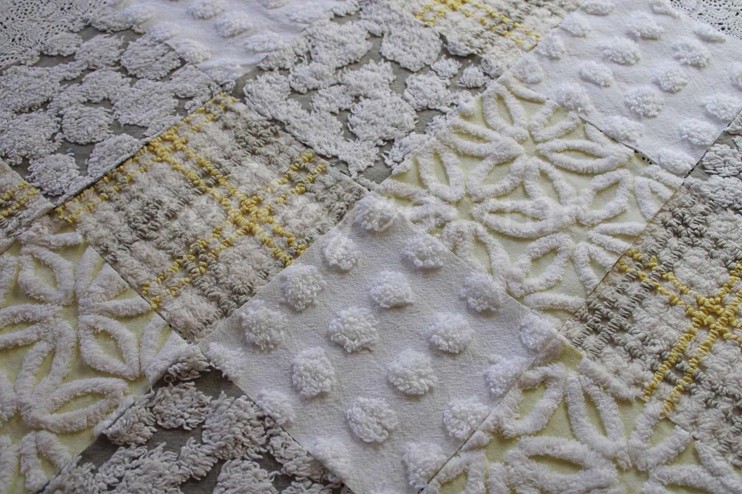 Sun & Clouds Vintage Chenille Fabric Squares, Set of 17 Rotary Cut 6" Quilt Blocks, Soft Yellow, White, Grey