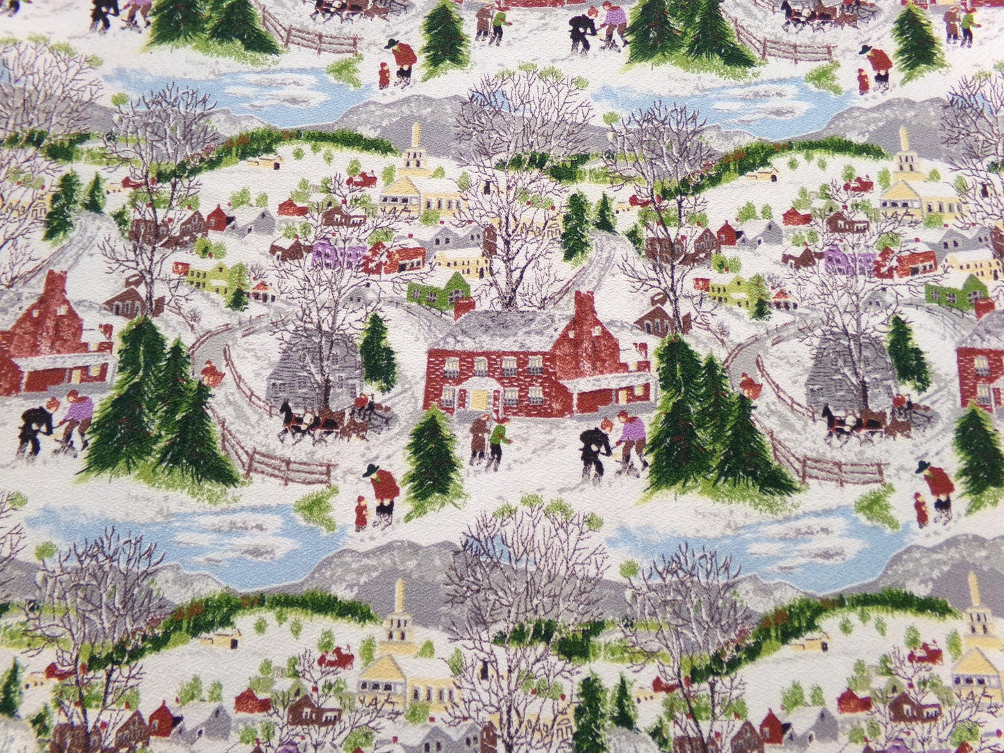 Grandma Moses DEEP SNOW Vintage Barkcloth Fabric, Midcentury Folk Art Winter Scene, 13" x 21"